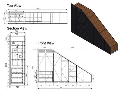 Detailed CAD drawings for wooden cabinets under staircase