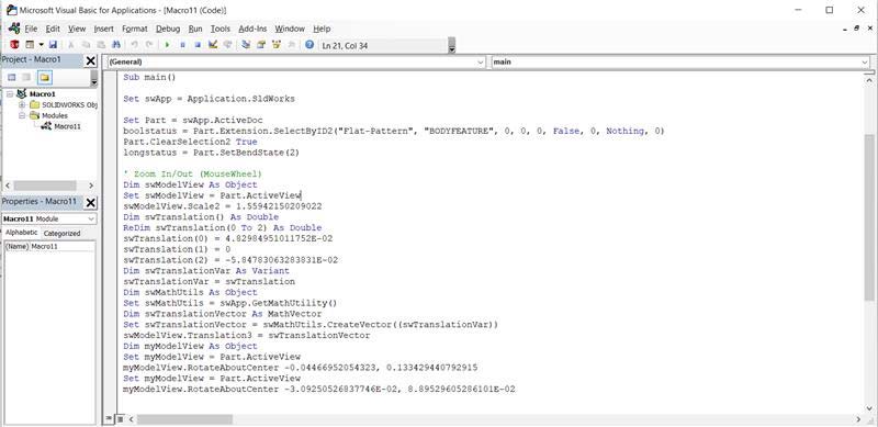 SolidWorks VBA Editor window