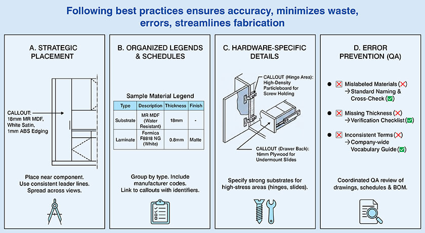 Best practices for joinery material callouts in kitchen drawings